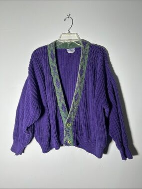 80’s Vintage Purple Knit Cardigan with Green Trim